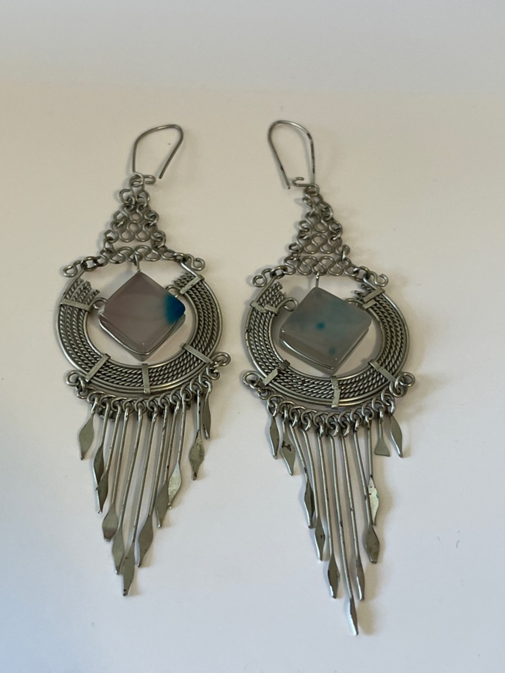 212 Boho Silver Tone Fringe Earrings Crescent Chandelier Agate Stone Drop